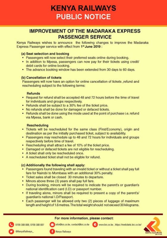 Kenya railways public notice improvement ofthe madaraka express passenger servic