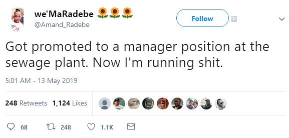 We maradebe amand radebe follow got promoted to manager position at the sewage p