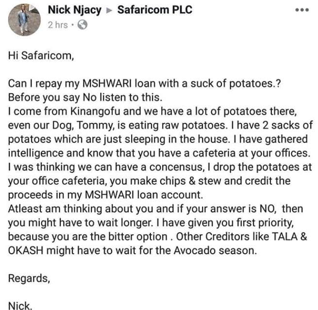 Nick njacy safaricom plc 2 hrs hi safaricom can repay my mshwari loan with a suc