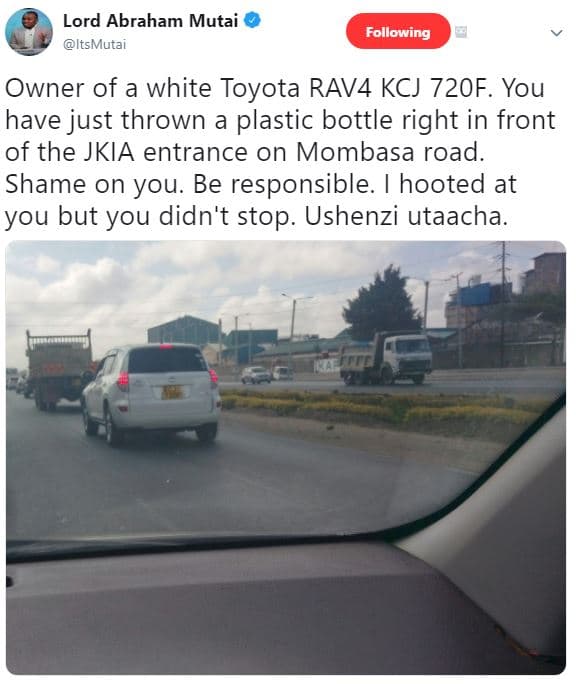 Lord abraham mutai itsmutai following owner of a white toyota rav4 kcj 720f. you