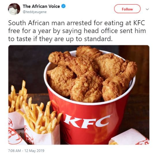 The african voice teooyeugene follow south african man arrested for eating at kf