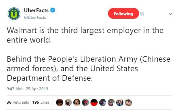 Uberfacts uberfacts following walmart is the third largest employer in the entir
