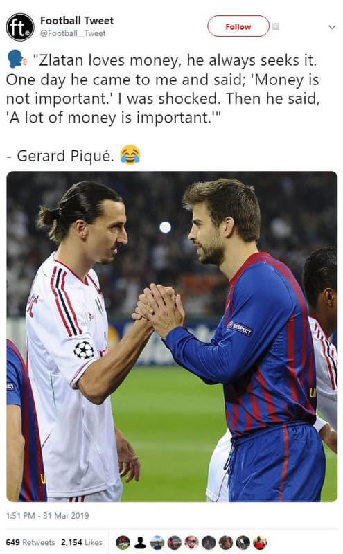Football tweet ft footbal tweet follow 'zlatan loves money, he always seeks it.