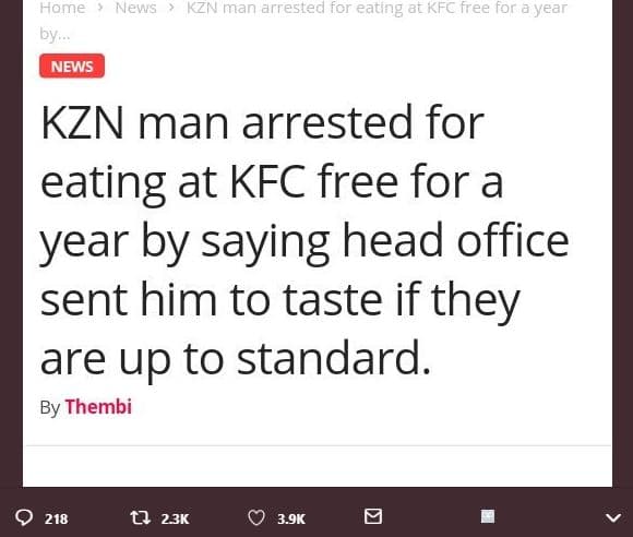 Home news kzn man arrested for eating at kfc free for a year by news kzn man arr