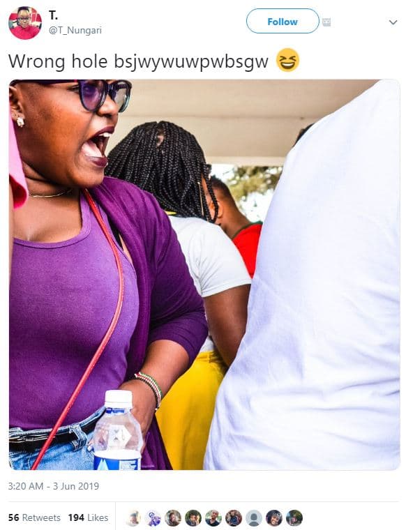 Follow t_nungari wrong hole bsjwywuwpwbsgw 3,20 am 3 jun 56 retweets 194 likes
