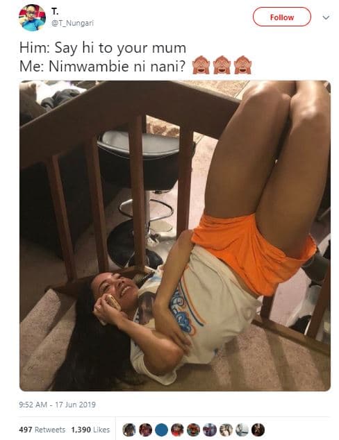 Follow t_nungari him say hi to your mum me nimwambie ni nani? 9,52 am 17 jun 497