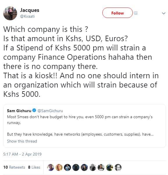 Jacques kvaati follow which company is this is that amount in kshs, usd euros? i