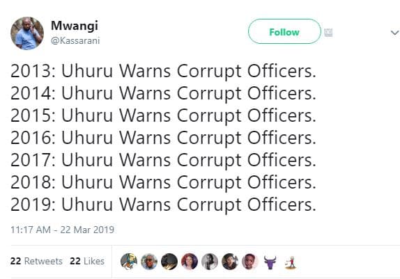 Mwangi kassaranı follow uhuru warns corrupt officers. uhuru warns corrupt office