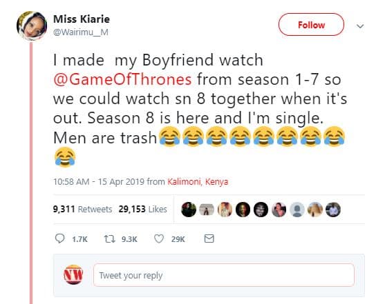 Miss kiarie wairımu_m follow made my boyfriend watch gameofthrones from season 1