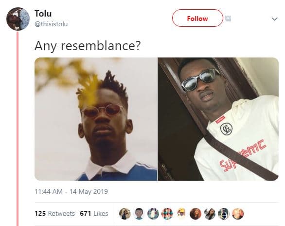 Tolu thisistolu follow any resemblance? 11.44 am 14 may 125 retweets 671 likes e
