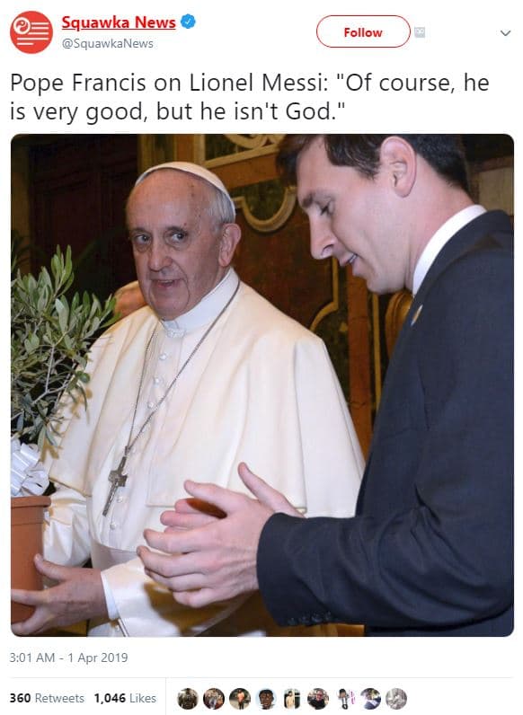 Squawka news squawkanews follow pope francis on lionel messi of course he is ver