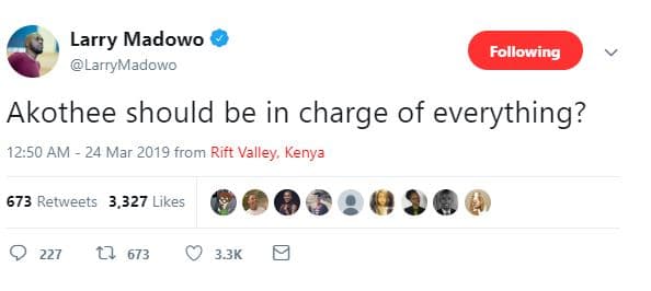 Larry madowo larrymadowo following akothee should be in charge of everything? 12