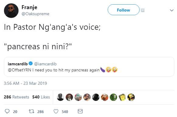 Franje oaksupreme follow in pastor ng'ang'a's voice pancreas ni nini? iamcardib