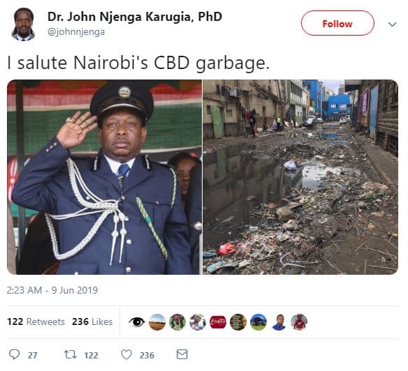 Dr. john njenga karugia, phd johnnjenga follow salute nairobi's cbd garbage. 2.2