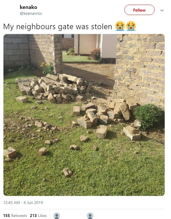 Kenako keenanrox follow my neighbours gate was stolen f4fè 12.43 am 6 jun 155 re