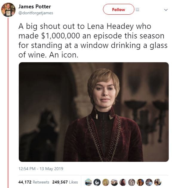 James potter dontforgetjames follow a big shout out to lena headey who made 1,00