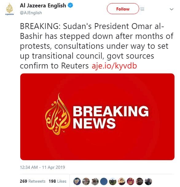 Al jazeera english ajenglish follow breaking sudan's president omar al bashir ha