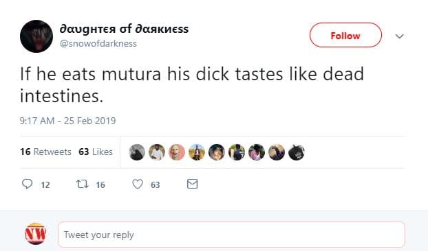 Daughtea af daakhess snowofdarkness follow if he eats mutura his dick tastes lik