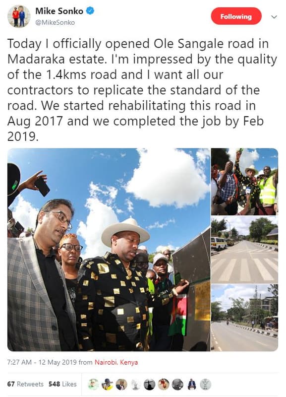 Mike sonko mikesonko following today officially opened ole sangale road in madar