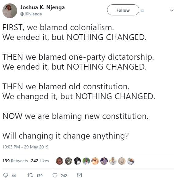 Joshua k. njenga jknjenga follow first, we blamed colonialism we ended it, but n
