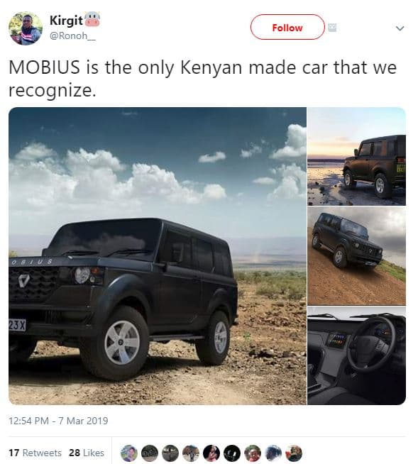 Kirgit ronoh follow mobius is the only kenyan made car that we recognize. 12.54