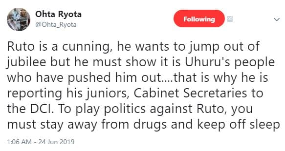 Ohta ryota ohta_ryota following ruto is a cunning, he wants to jump out of jubil