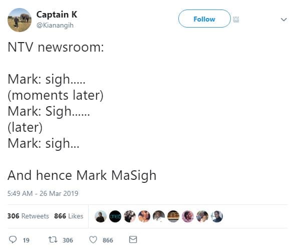 Captain k kianangih follow ntv newsroom mark sigh. moments later mark sigh later
