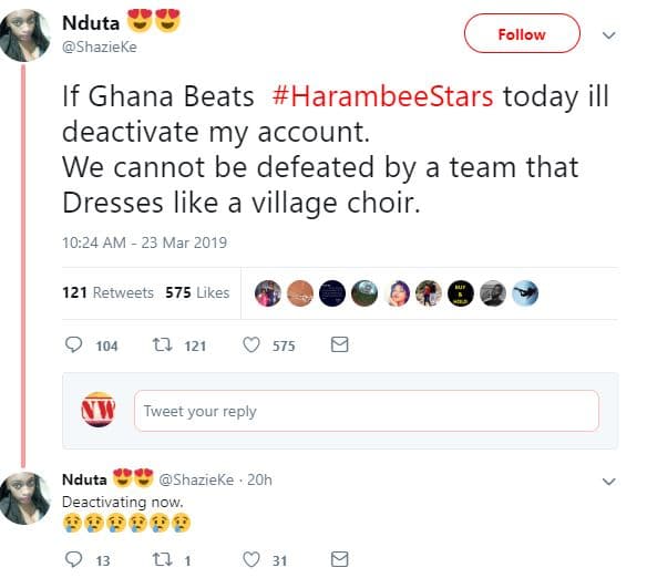 Nduta shazieke follow if ghana beats harambeestars today ill deactivate my accou