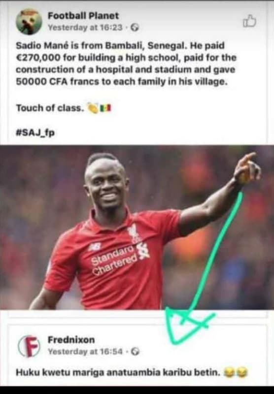 Football planet yesterday pt 1623 sadio mane is from bambali, senegal. hc paid 2
