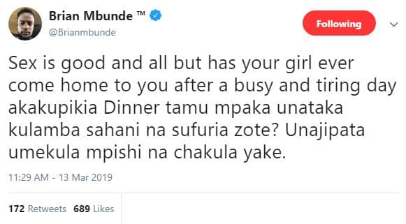 Brian mbunde brianmbunde following sex is good and all but has your girl ever co