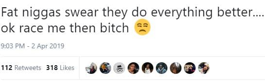 Fat niggas swear they do everything better . ok race me then bitch 9.03 pm 2 apr