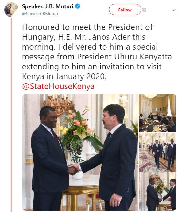 Speaker. j.b. muturi speakerjbmuturi follow honoured to meet the president of hu