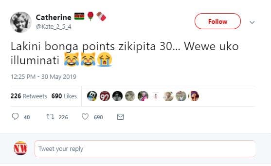 Catherine kate_2 5 follow lakini bonga points zikipita 30. wewe uko illuminati 1