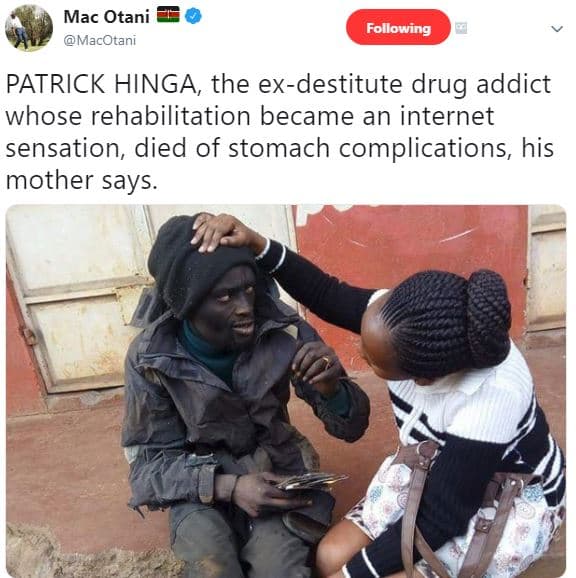 Mac otani macotani following patrick hinga the exdestitute drug addict whose reh