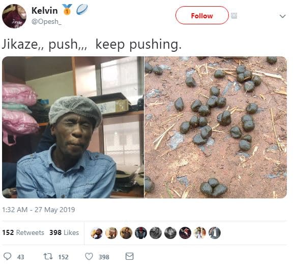 Kelvin opesh _ follow jikaze push keep pushing. 1.32 am may 152 retweets 398 lik