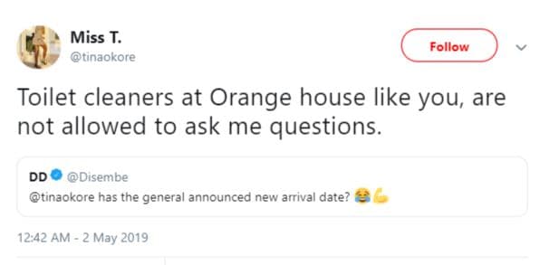 Miss t. tinaokore follow toilet cleaners at orange house like you, are not allow