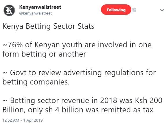 Kenyanwallstreet kenyanwalstreet following kenya betting sector stats 76 of keny