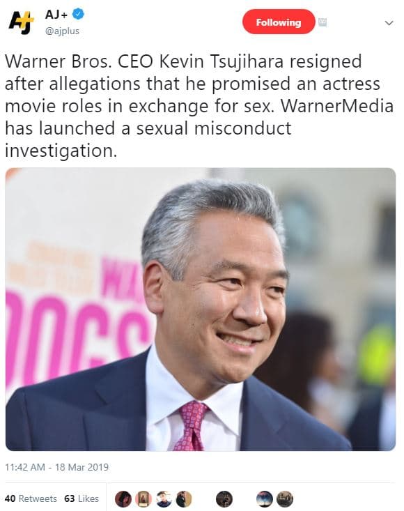 6 aj ajplus following warner bros. ceo kevin tsujihara resigned after allegation