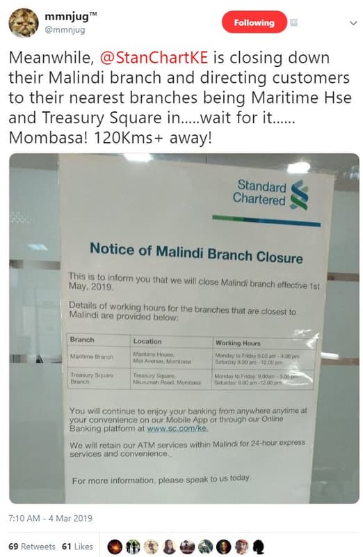 Mmnjug mmnjug following meanwhile stanchartke is closing down their malindi bran