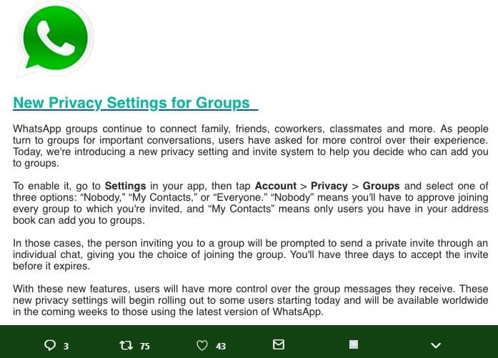 New privacy_settings for groups whatsapp groups continue to connect family frien