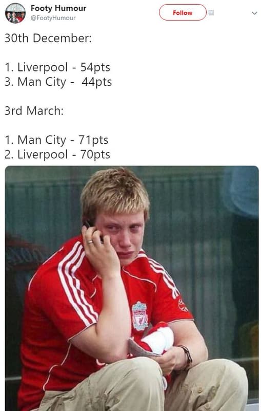 Footy humour footyhumour follow 3oth december 1. liverpool s4pts 3. man city 44p