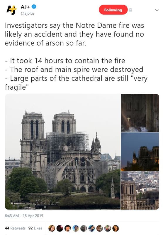 Aj hj ajplus following investigators say the notre dame fire was likely an accid