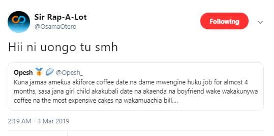 Sir rapalot osamaotero following hii ni uongo tu smh opesh opesh _ kuna jamaa am