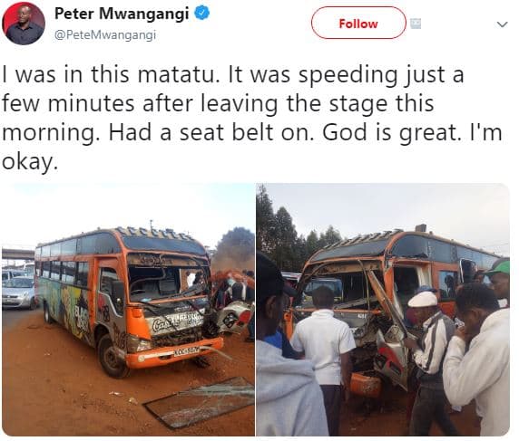Peter mwangangi petemwangangi follow was in this matatu. it was speeding just a