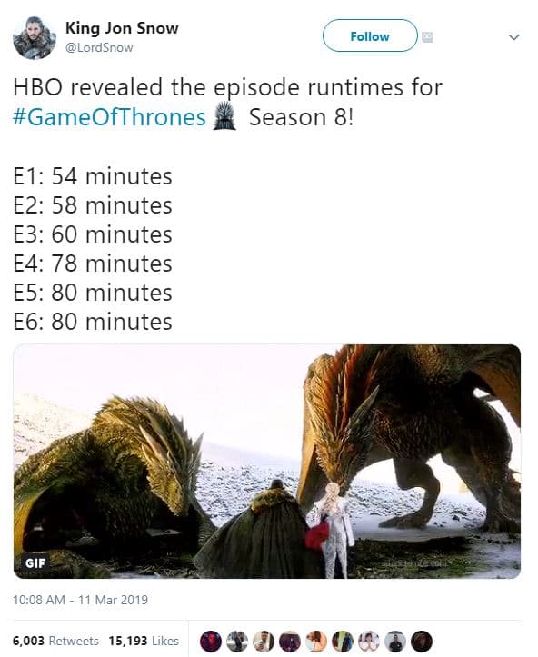 King jon snow lordsnow follow hbo revealed the episode runtimes for gameofthrone