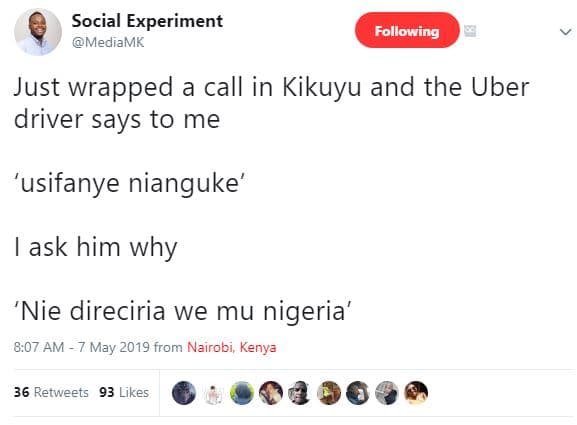 Social experiment mediamk following just wrapped a call in kikuyu and the uber d