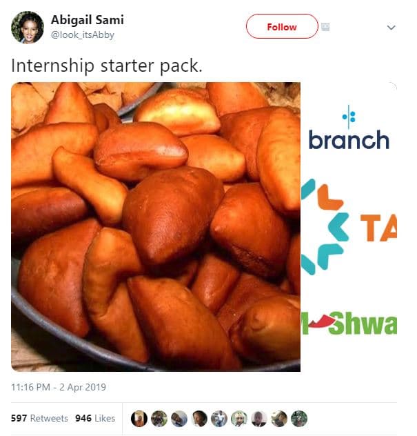 Abigail sami look_itsabby follow internship starter pack. branch ta shwa 11.16 p