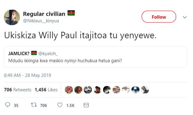 Regular civilian niklaus kinyua follow ukiskiza willy paul itajitoa tu yenyewe.