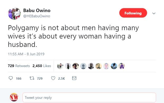 Babu owino hebabuowino following polygamy is not about men having many wives it'