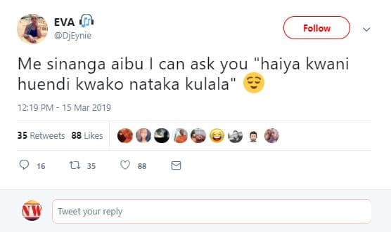 Eva djeynie follow me sinanga aibu can ask you haiya kwani huendi kwako nataka k